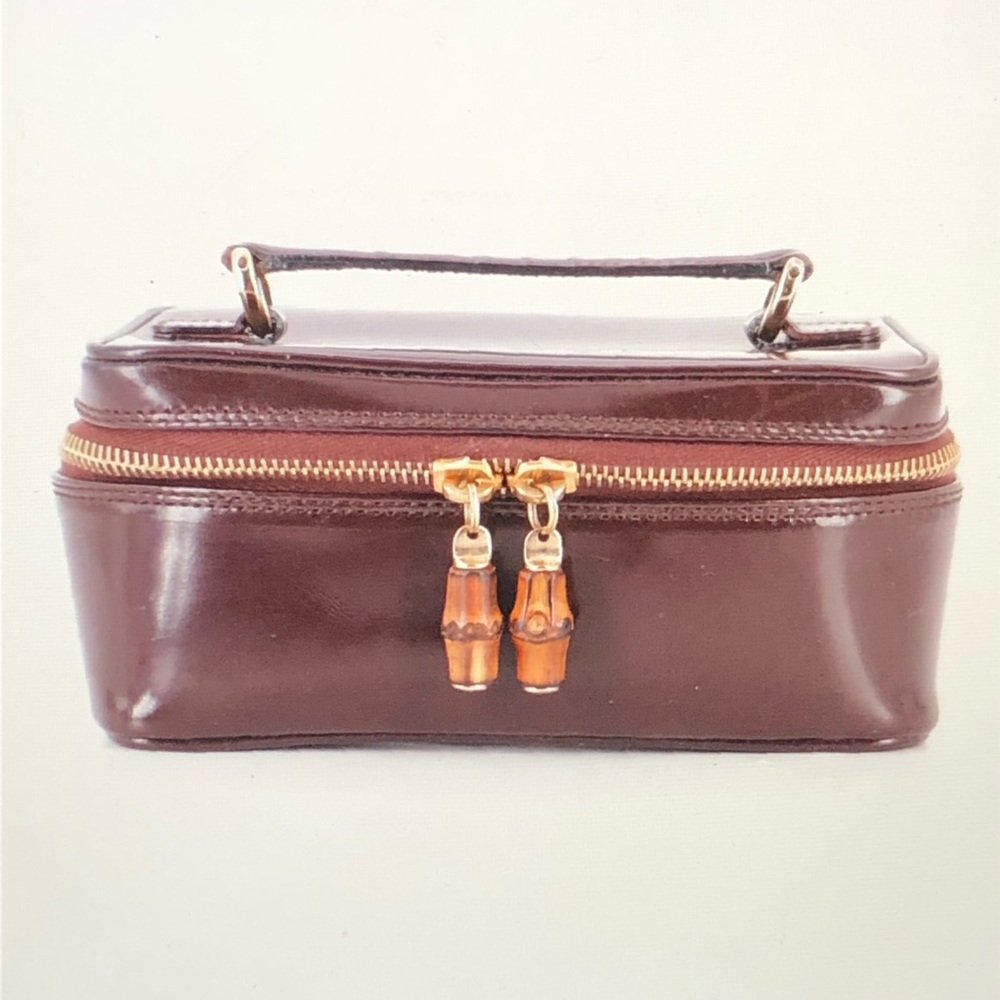 #0128 Gucci Travel Case in Brown Patented Leather w/Bamboo Zipper